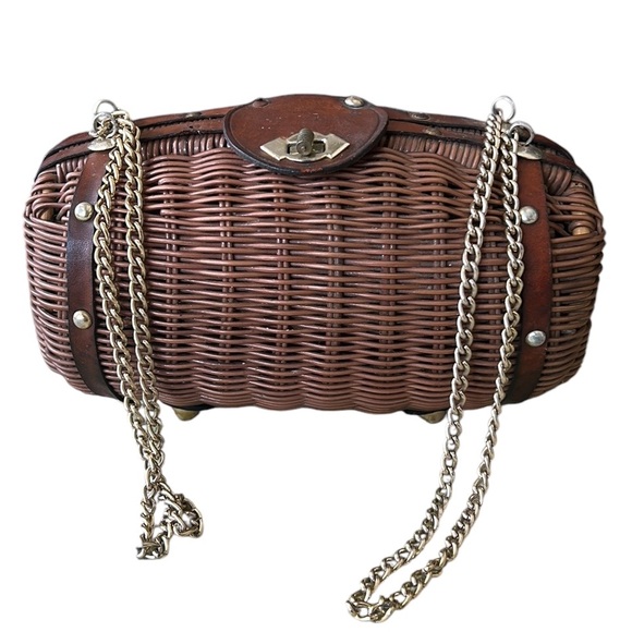 Vintage Brown Wicker Leather Silver Double Chain Strap Barrel Shaped Bag Clutch - Picture 3 of 13